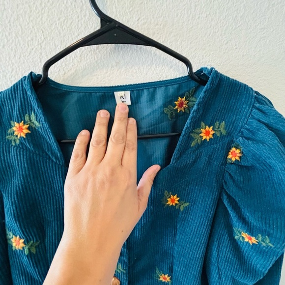 Embroidered Teal Corduroy Women's Top - Picture 3 of 6